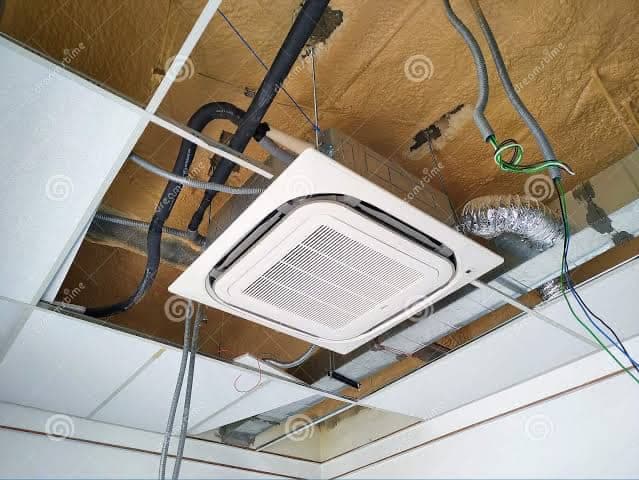 Ceiling-mounted cassette HVAC unit with connected ductwork