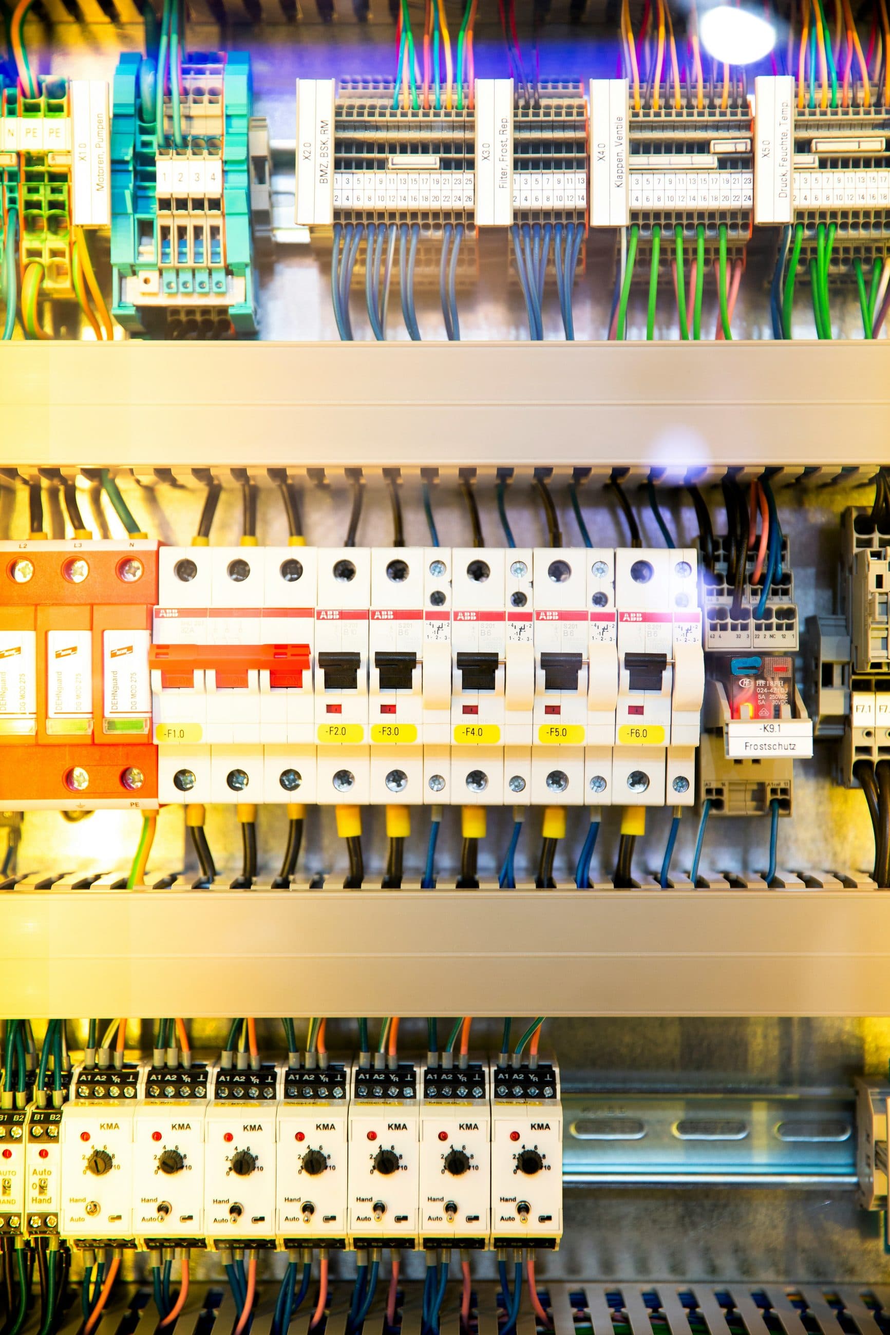 Distribution board with circuit breakers and labelled wiring